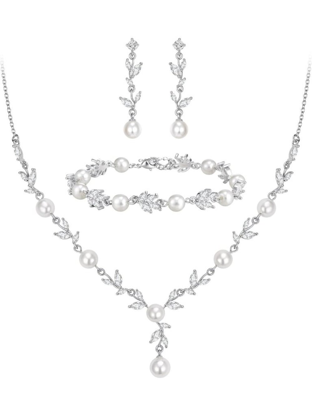 Elegant Pearl & Cubic Zirconia Leaf Bridal Jewelry Set for Women - Wedding